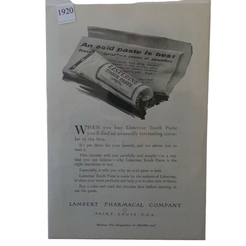 Vintage 1920 Listerine An Acid Paste is Best Ad Advertisment
